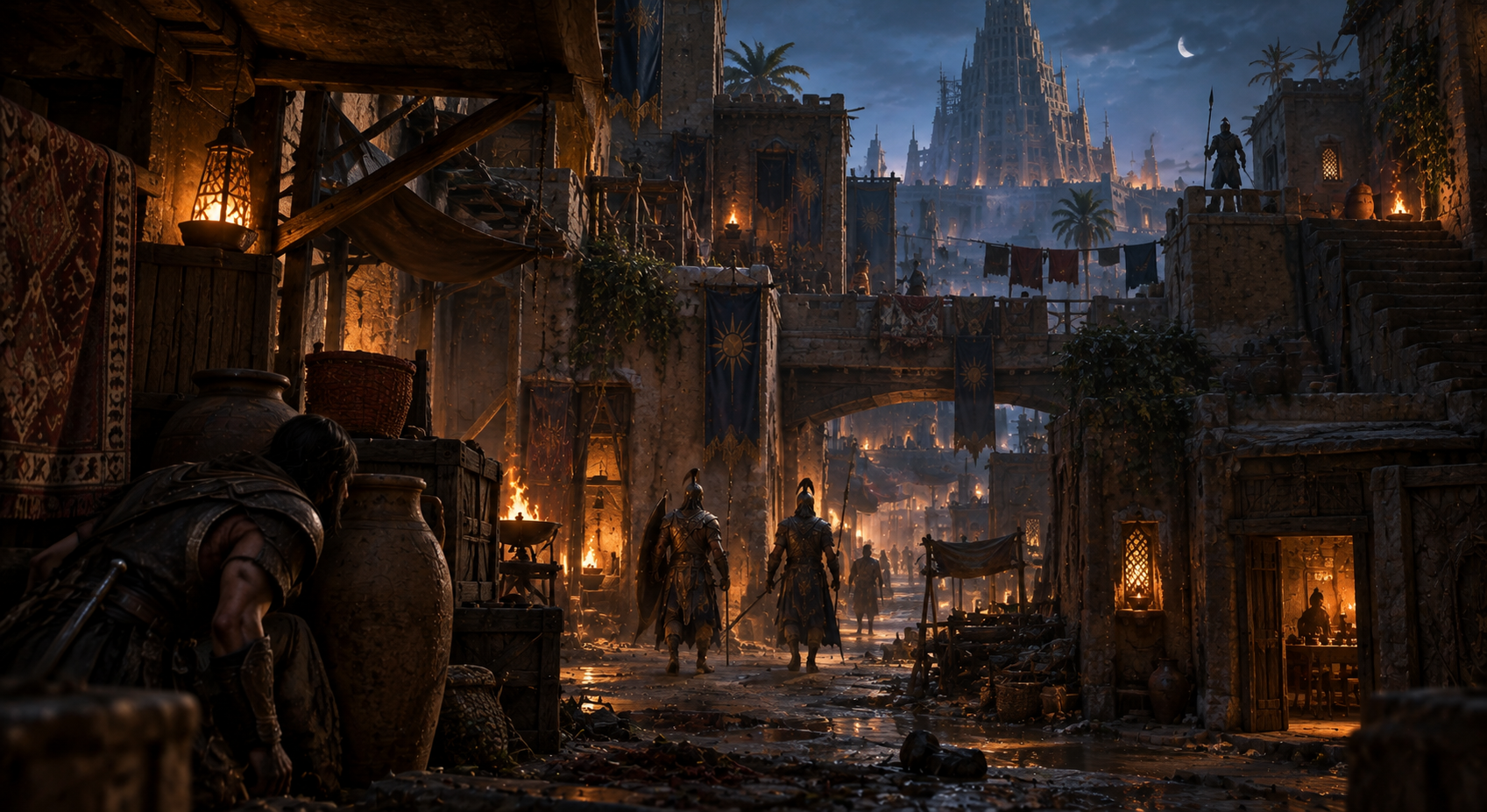 The player following guards through a capital district at night