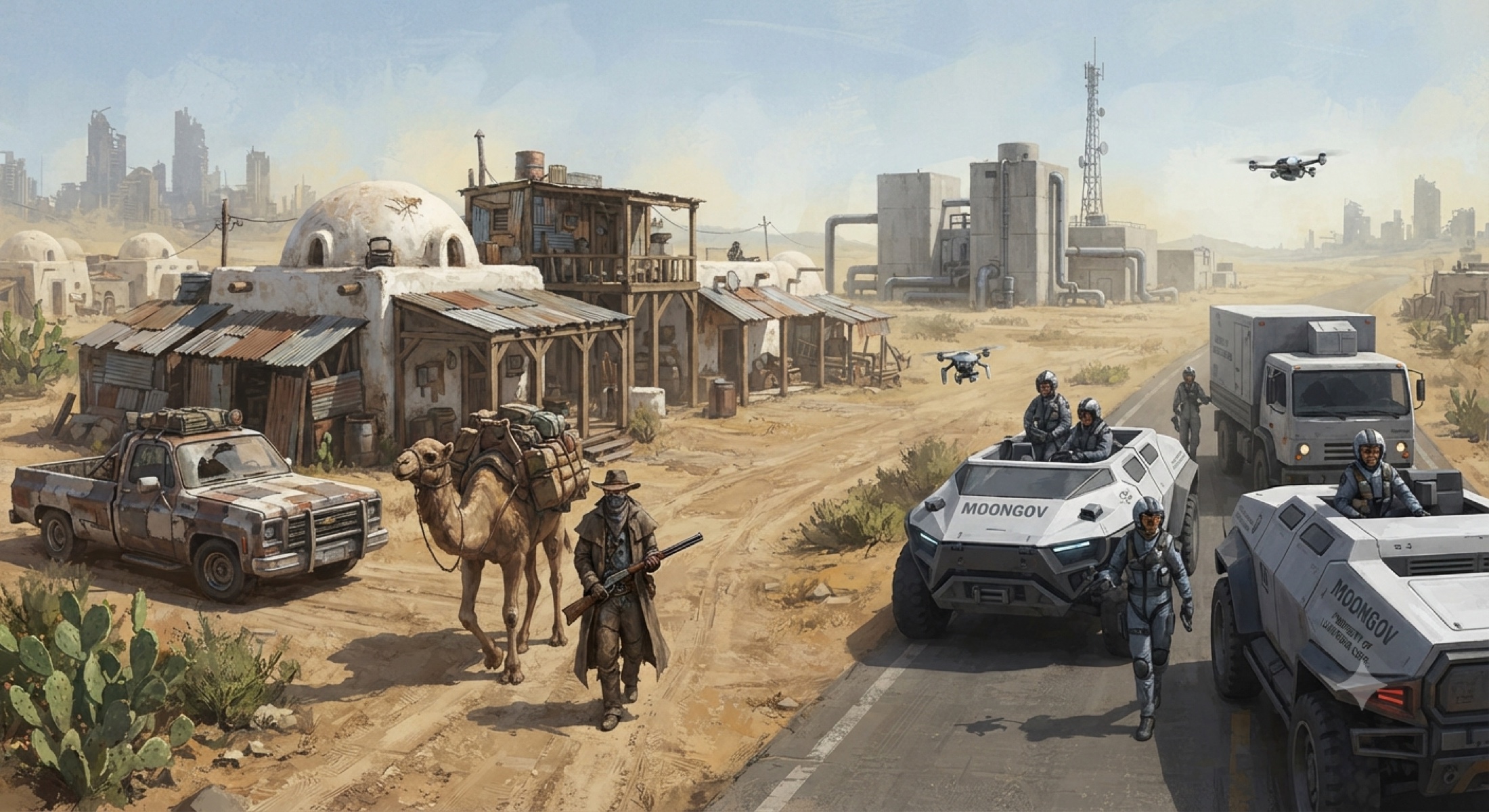 A frontier rider and MoonGov vehicles sharing the same road
