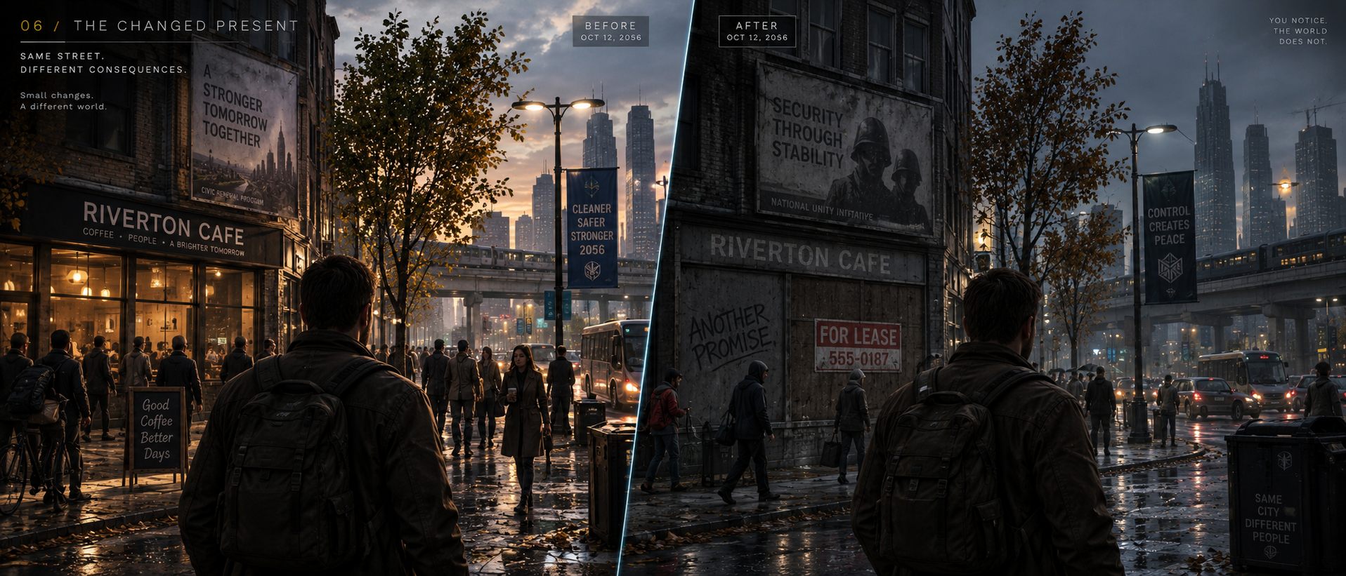 The same Riverton street before and after a temporal intervention