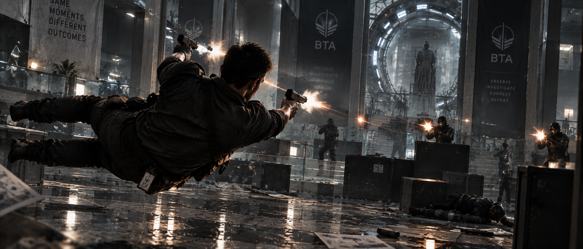 Danny using temporal slow during a firefight inside the Bureau