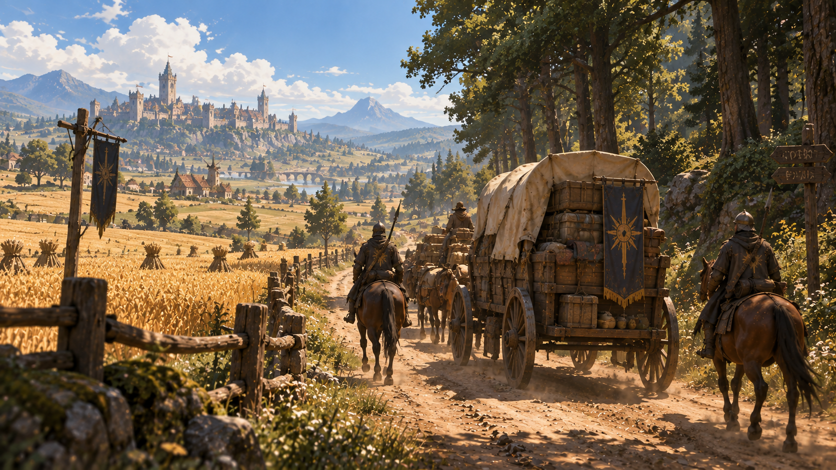 A guarded caravan moving grain and goods toward a distant city