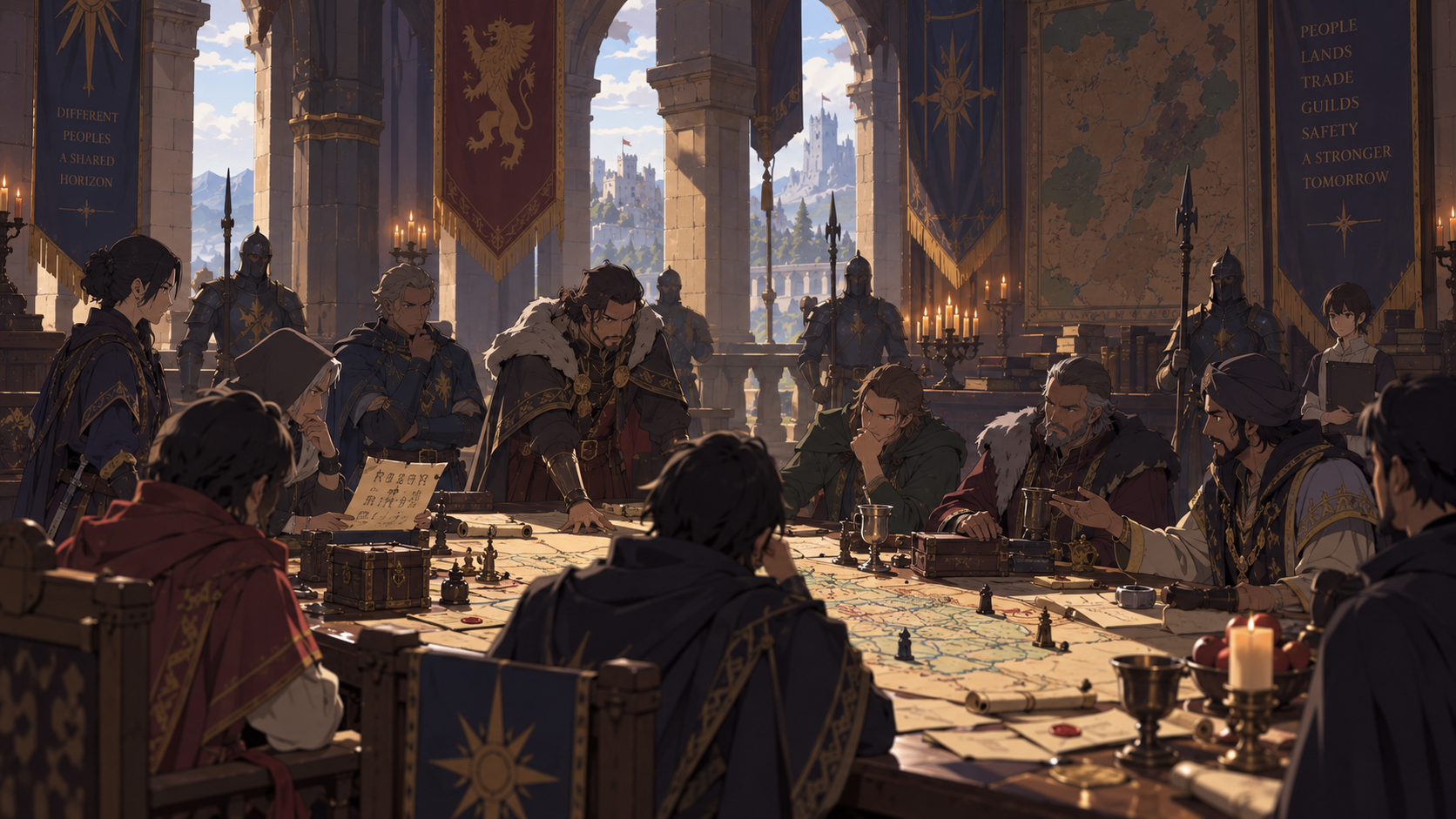 Guild representatives and rulers debating around a strategic map