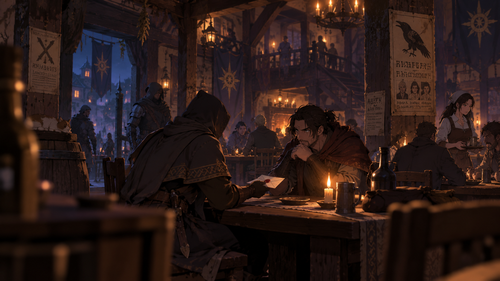 An information broker passing a sealed message inside a crowded tavern