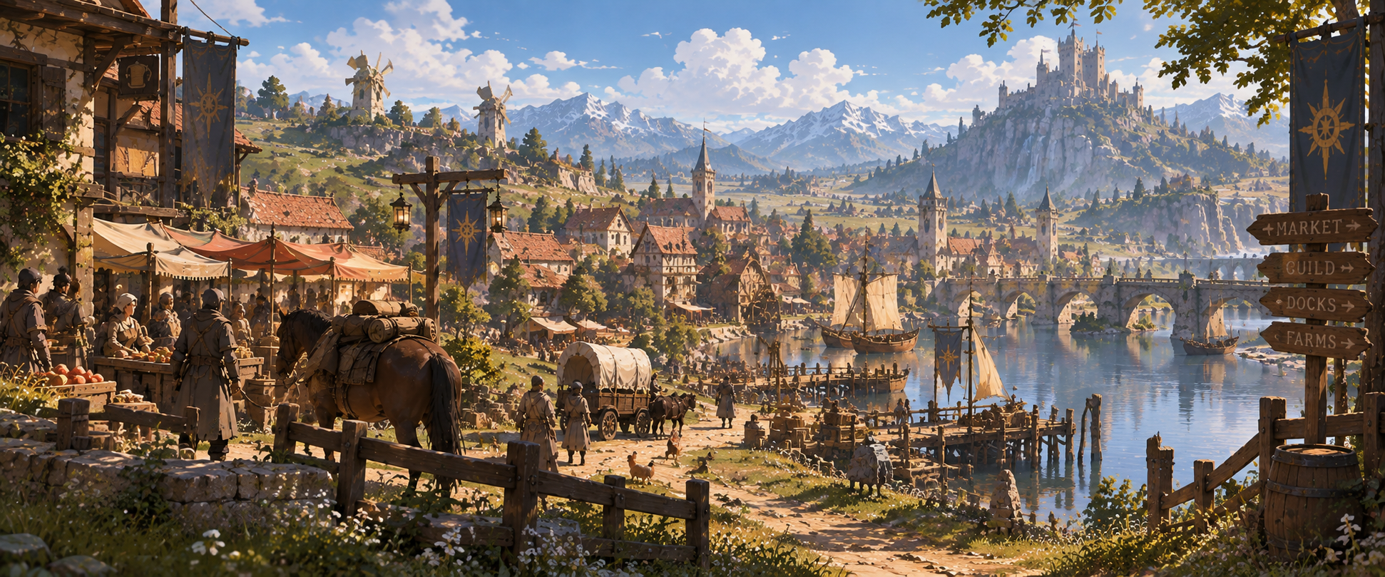 A market, farms, docks and roads joined within one settlement