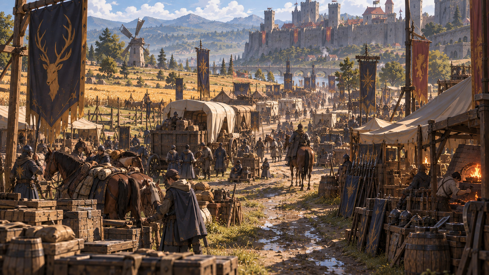 An army camp supplied by caravans outside a fortified city