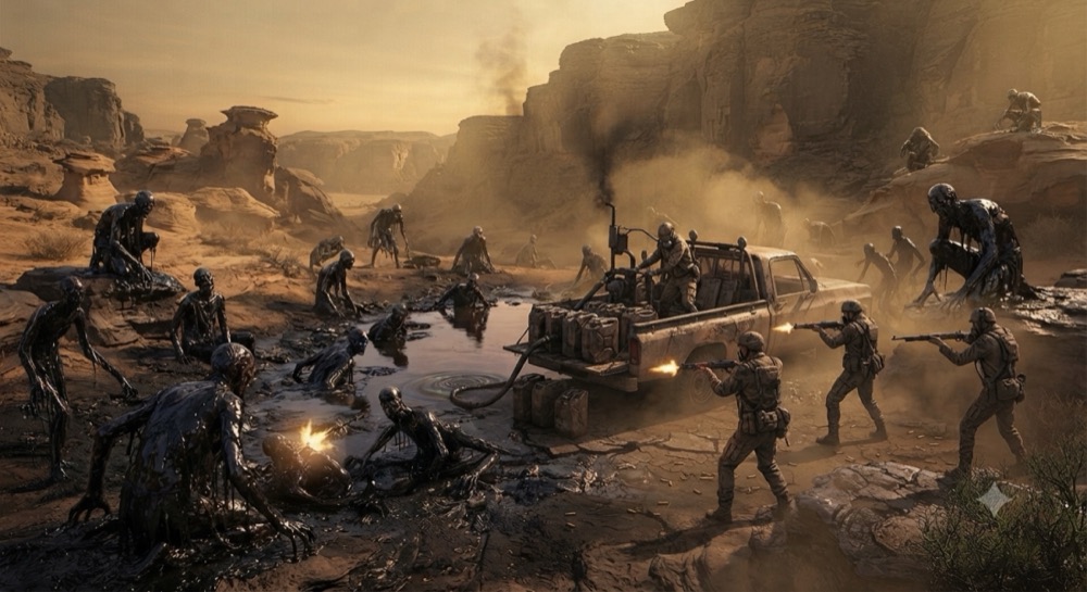 A frontier fighter confronting a LAB creature in an abandoned oil field