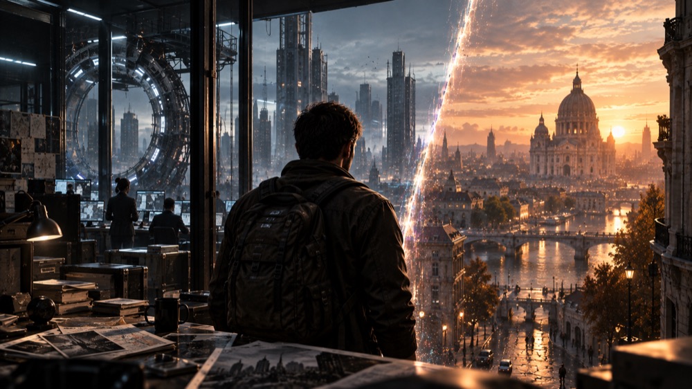 An operative facing two versions of the same city