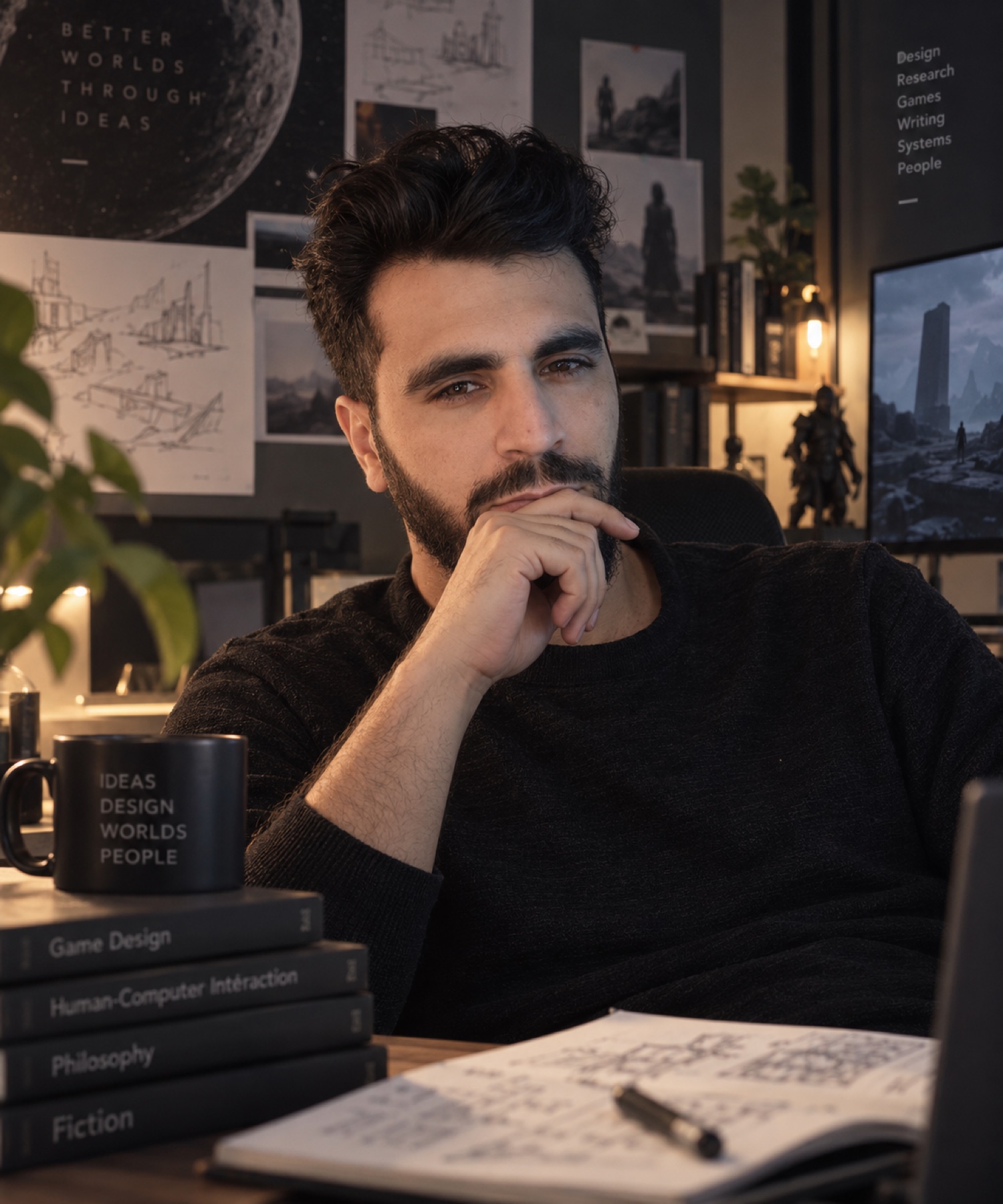Portrait of Hamza Trabelsi in his creative workspace