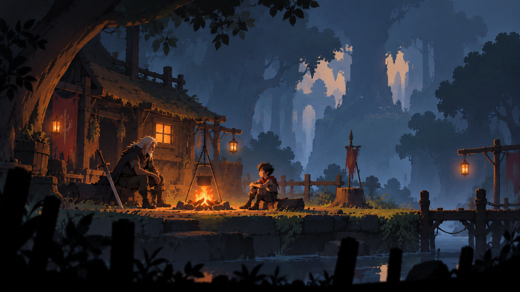 Aaron and the boy speaking beside a fire inside the Howling Wood