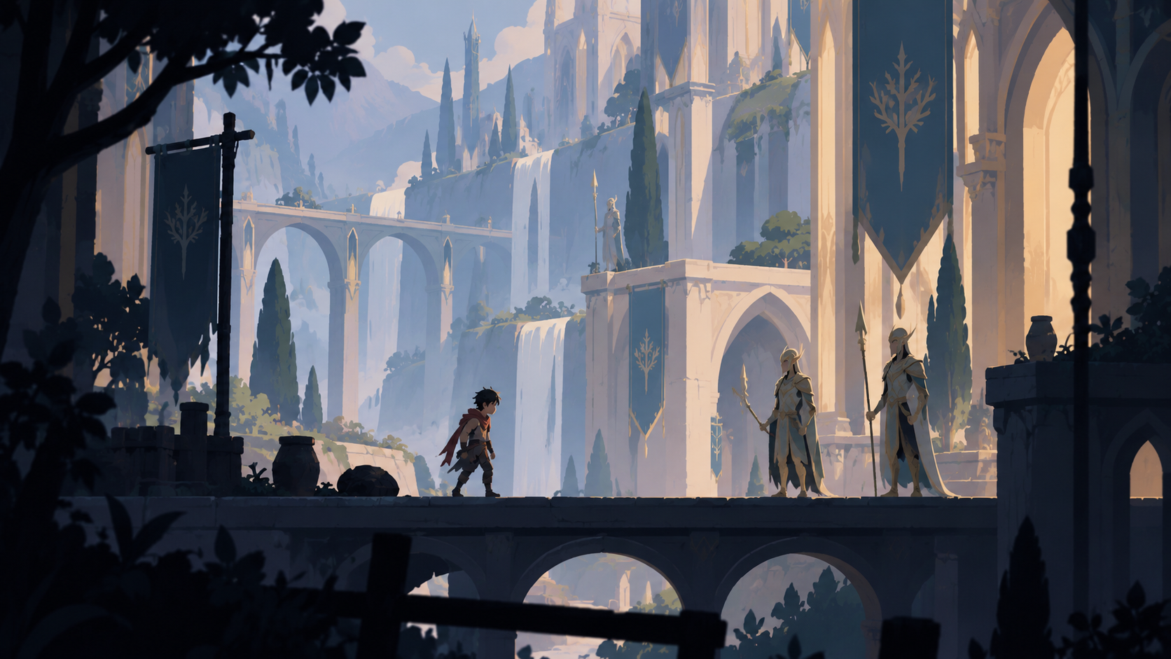 The boy arriving at the ordered white architecture of the hidden Elf Kingdom