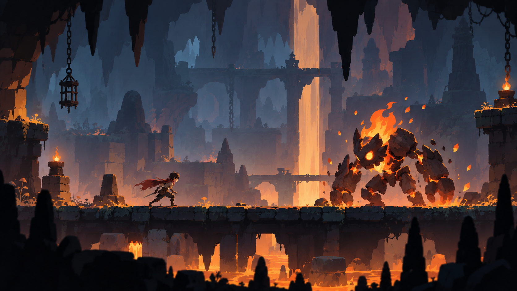 The boy confronting a fire-lit stone golem in underground ruins