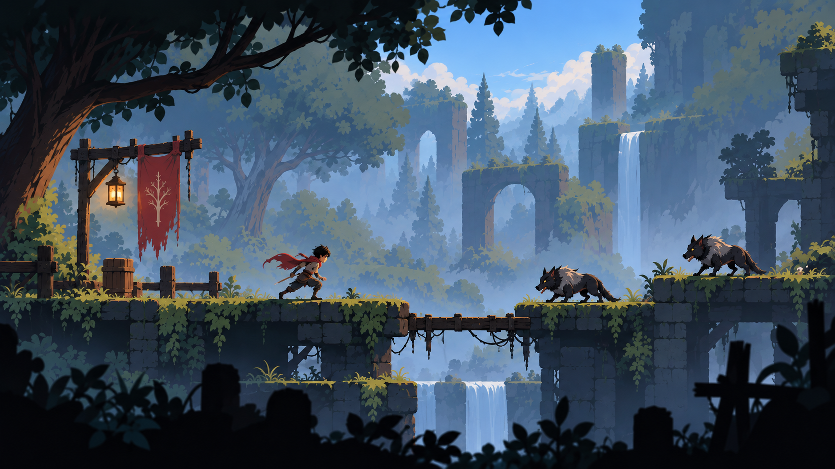 The boy facing mutated wolves among the forest ruins
