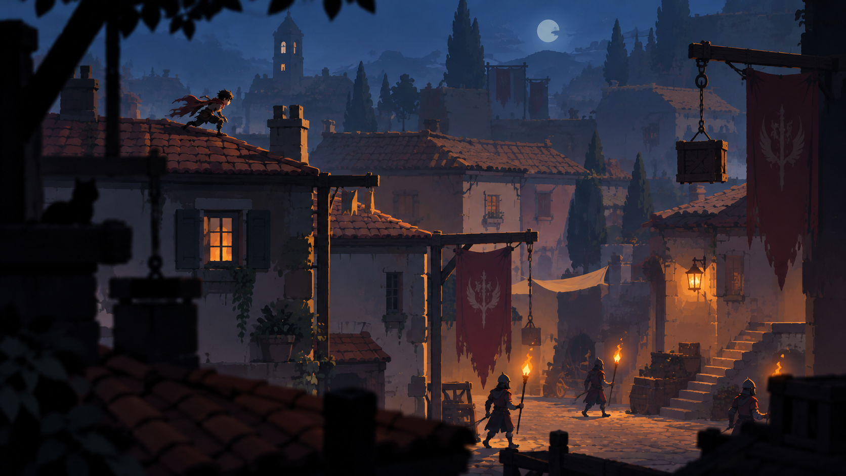Hangard soldiers searching Takorama at night while the boy crosses its rooftops