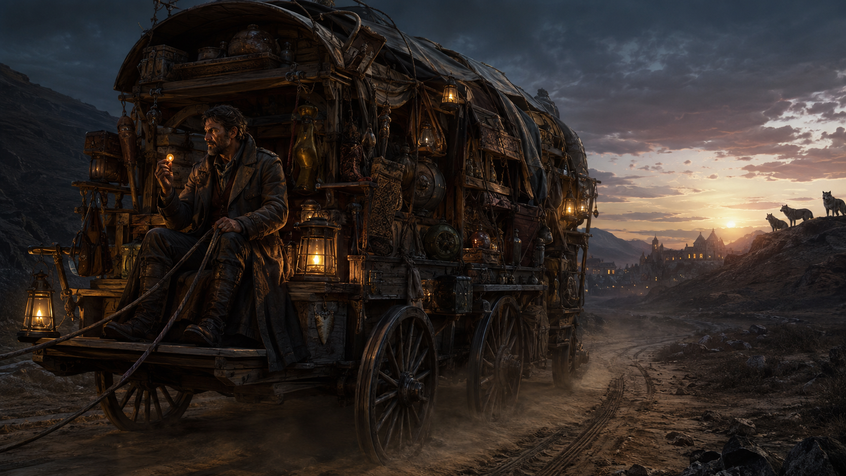 Noah beside the immense travelling wagon known as the Ark before dawn