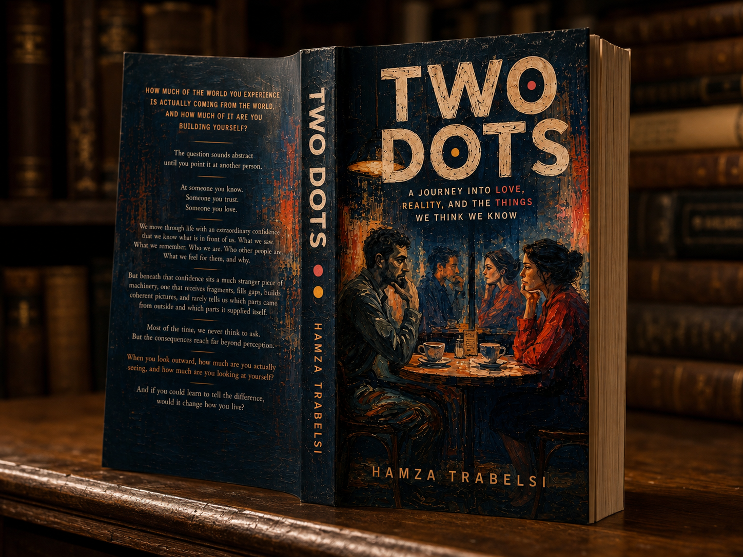 Three-dimensional render of the Two Dots book standing on a wooden library shelf