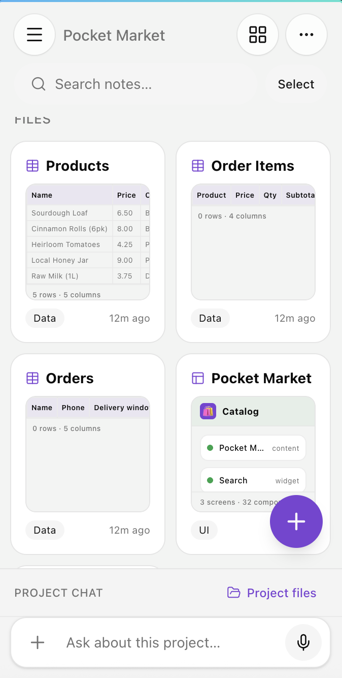 Project containing data, UI and other artifacts